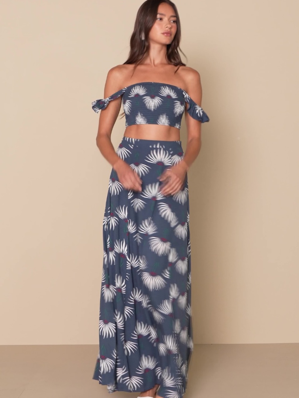 NWT Lulus Trancoso Dusty Blue Floral Print Two-Piece Maxi Dress Skirt Medium